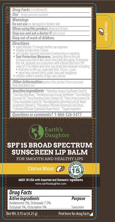 Earth's Daughter Citrus Blast Spf 15 Broad Spectrum Sunscreen Lip Balm 0.15 Oz Label (85034 103 01 Earths Daughter Spf Citrus Jpg)